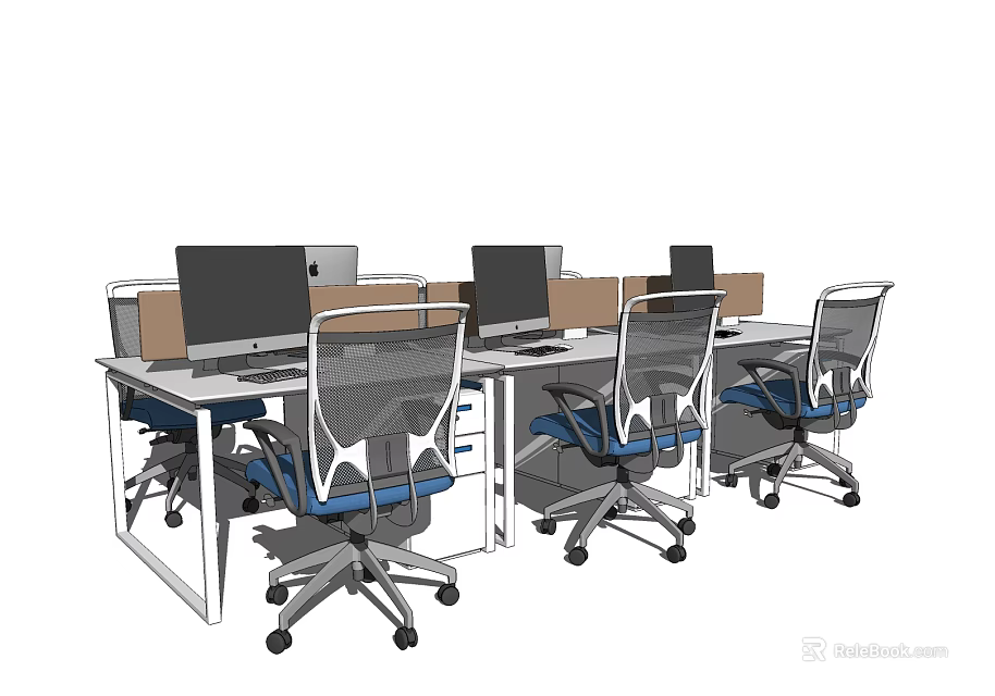 Modern Office Workspace With Multiple Desks Desktop Computers And Ergonomic Chairs 3d model