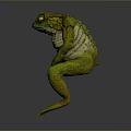 Green Reptile Standing In Gray Background With Yellow Eyes And Textured Skin