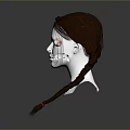 Human Head Model With Detailed Facial Features And Brown Braided Pigtails With Red Accessories