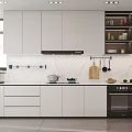 Modern Kitchen Interior With White Cabinets Marble Countertop Hanging Utensils And Black Oven