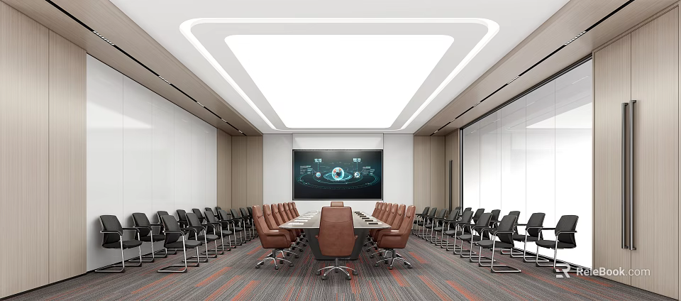 Modern Conference Room With Long Table Brown Chairs Black Seats Large Screen And Ceiling Lighting 3d model 
