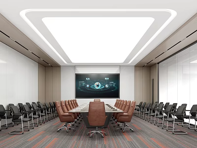 Modern Conference Room With Long Table Brown Chairs Black Seats Large Screen And Ceiling Lighting 3d model