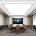 Modern Conference Room With Long Table Brown Chairs Black Seats Large Screen And Ceiling Lighting