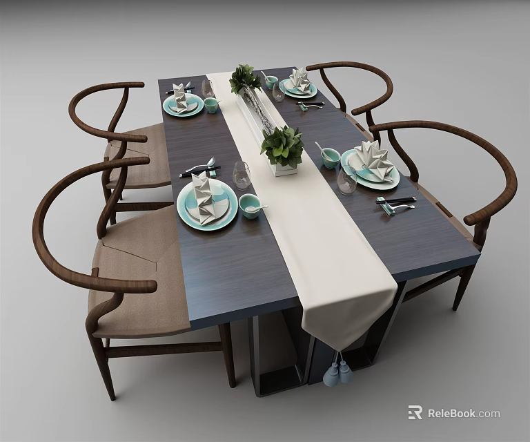 Dark Colored Dining Table With White Tablecloth Green Plants And Four Brown Armrest Chairs 3d model 