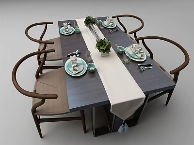 Dark Colored Dining Table With White Tablecloth Green Plants And Four Brown Armrest Chairs 3d model