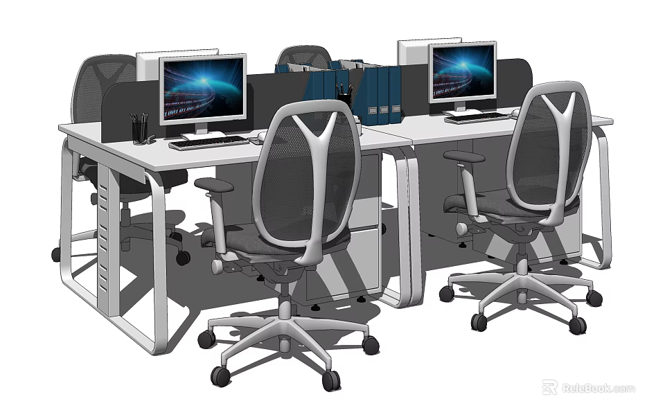 Modern Office Desk Setup With Computer Monitors Ergonomic Chairs And Files 3d model 