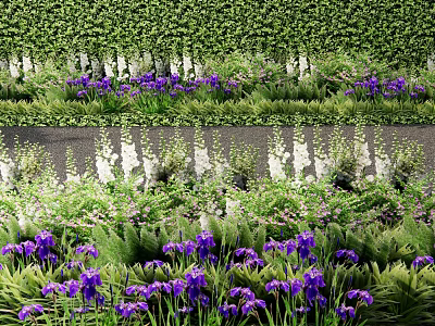 Beautiful Garden With Lush Green Hedge Wall Purple Irises White Blooms And Green Grass Pathway 3d model
