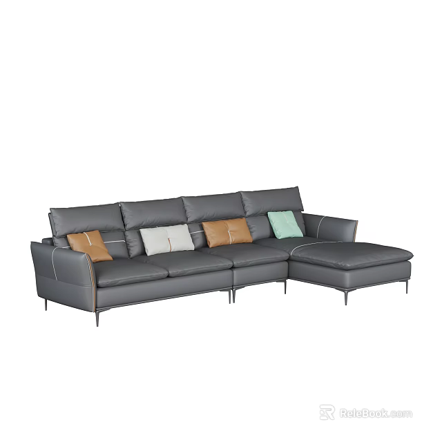 Modern Gray L shaped Leather Sectional Sofa Set With Accent Pillows 3d model
