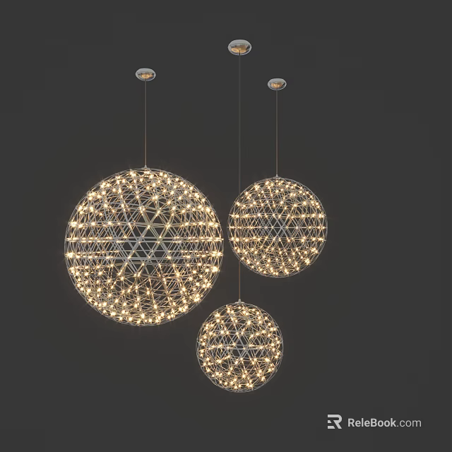 Three Modern Spherical Netted Pendant Lights With Illuminated Design For Interior Spaces 3d model 