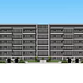 Modern Multi Story Apartment Building With Glass Windows Gray Exterior And Green Plants At Entrance