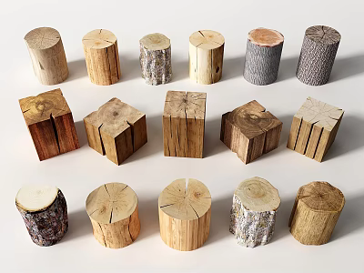 Stone Wood Decorative Blocks With Cylindrical Square Shapes And Natural Textures 3d model