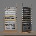 Wooden Magazine And Newspaper Display Racks With Multiple Shelves Holding Various Publications