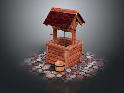 Traditional Wooden Well with Red Tiled Roof and Square Structure on Cobblestone Ground and Bucket 3d model