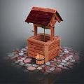 Traditional Wooden Well with Red Tiled Roof and Square Structure on Cobblestone Ground and Bucket