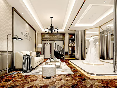 Luxury Bridal Shop Interior With Wedding Dress Display Sofa Chandelier And Large Mirror 3d model
