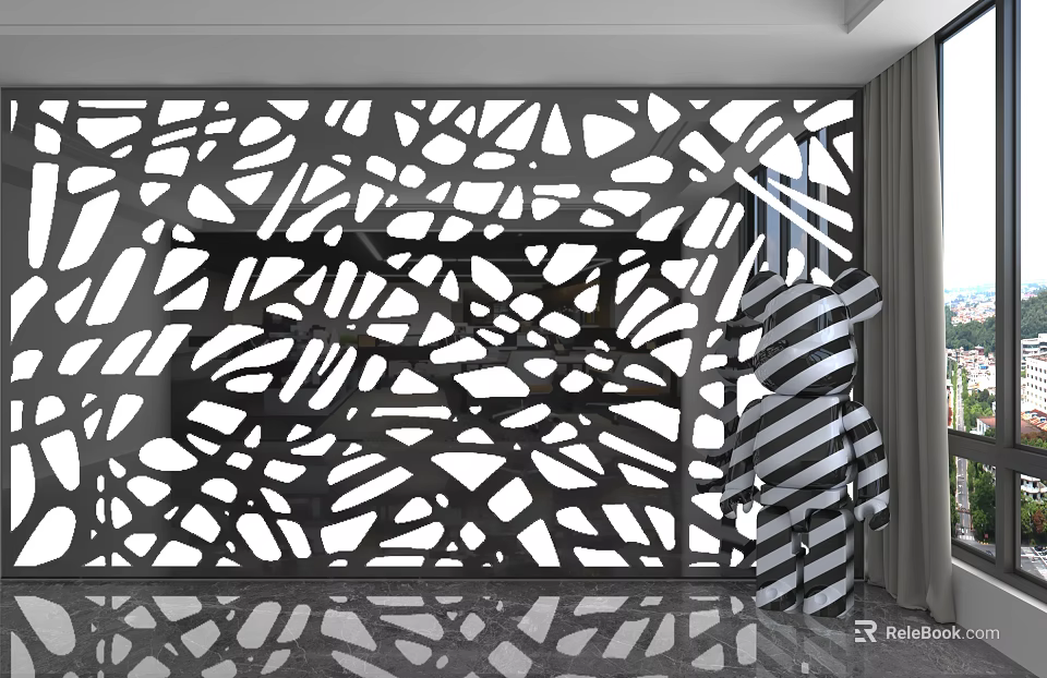 Modern Black Laser Cut Wall Panel With Intricate Hollow Patterns For Modern Interior Design 3d model