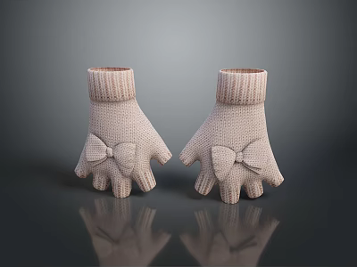 Women's Beige Knitted Gloves With Bow Detail For Stylish Winter Wear 3d model