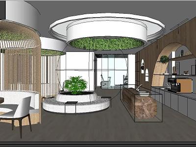 Modern Specialty Store Interior With Round Ceiling Green Plants And Display Cabinets 3d model