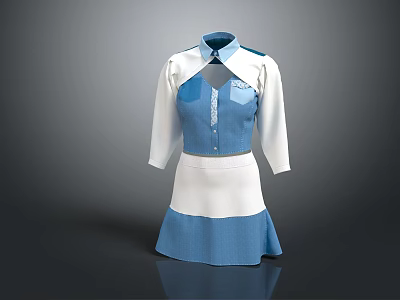 Blue And White Uniform Style Outfit With Collared Shirt Long Sleeves And Paneled Skirt 3d model