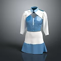 Blue And White Uniform Style Outfit With Collared Shirt Long Sleeves And Paneled Skirt