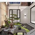 Karesansui Garden Design With Stone Wall Bamboo Screen Pine Tree And Mossy Path 3d model