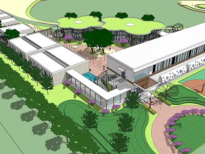 Modern Architectural Complex with Green Landscape Courtyard Trees and Flower Pathways 3d model