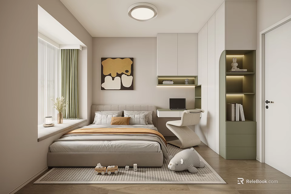 Modern Bedroom Interior With Cozy Bed Window Painting Desk Green Cabinets And Toys 3d model 