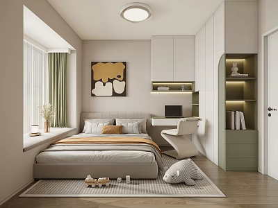 Modern Bedroom Interior With Cozy Bed Window Painting Desk Green Cabinets And Toys 3d model