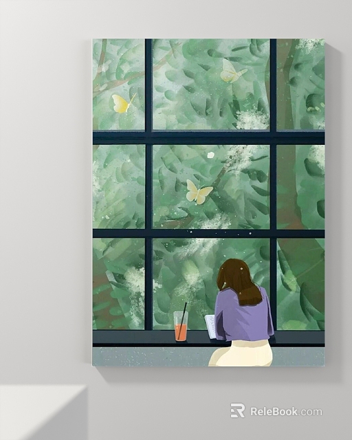 Vibrant Landscape Painting Featuring Lush Green Plants And Butterflies Outside Window View 3d model 