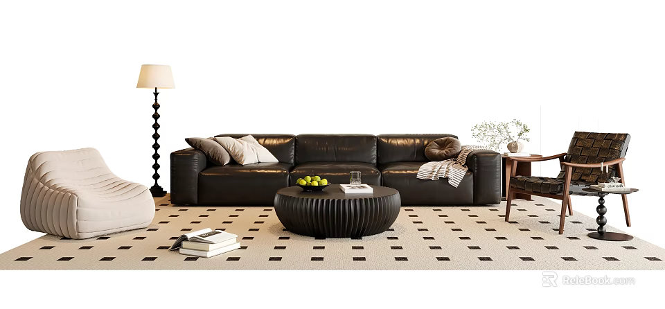 Modern Black Leather Sofa and Round Coffee Table Set with Throw Pillows on Patterned Rug 3d model
