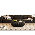Modern Black Leather Sofa and Round Coffee Table Set with Throw Pillows on Patterned Rug 3d model