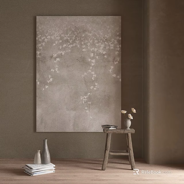 Elegant Interior Decor With Large Gray Wall Art Wooden Stool Vase And Books 3d model 
