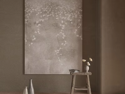 Elegant Interior Decor With Large Gray Wall Art Wooden Stool Vase And Books 3d model