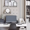 White Desk Black Chair Modern Home Office Workspace With Wall Art Clock And Bookshelf
