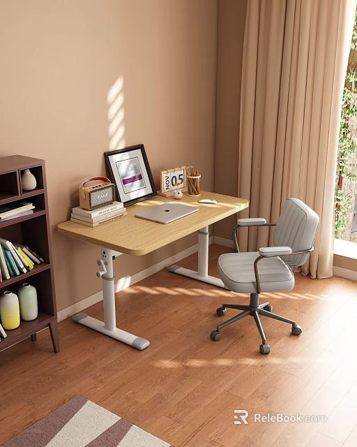 Light Wood Adjustable Desk With Laptop Ergonomic Chair And Sunlit Decorations 3d model 