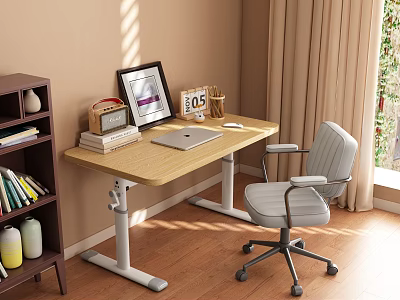 Light Wood Adjustable Desk With Laptop Ergonomic Chair And Sunlit Decorations 3d model