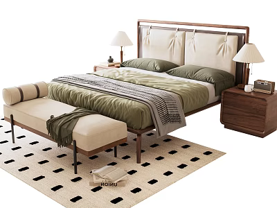 Double Bed With Wooden Headboard Green Quilt Gray Blanket Nightstands Table Lamps Bench Checkered Rug 3d model