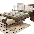 Double Bed With Wooden Headboard Green Quilt Gray Blanket Nightstands Table Lamps Bench Checkered Rug