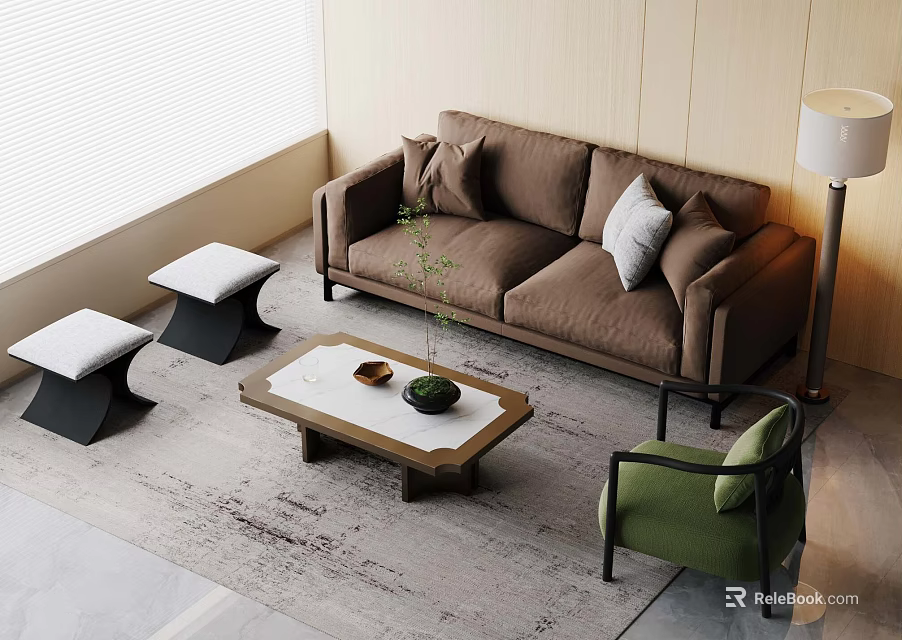 Modern Living Interior With Brown Sofa Coffee Table Set Green Armchair Small Stools and Rug 3d model 