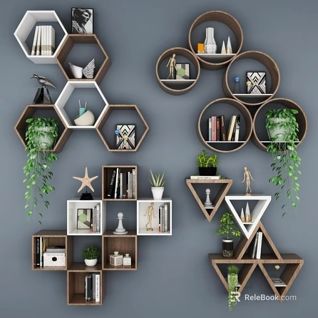 Modern Wall Mounted Shelves Featuring Hexagonal Circular Triangular Designs With Green Plants And Books 3d model
