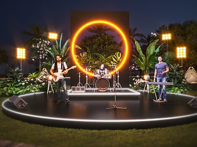 Outdoor Stage with Neon Ring Band Performers Green Plants and Lighting in Night Scene 3d model