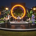 Outdoor Stage with Neon Ring Band Performers Green Plants and Lighting in Night Scene