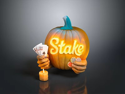 Halloween Pumpkin Decoration With Hands Holding Playing Cards Lit Stake Text And Candle 3d model