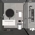 Modern Bathroom Interior Design With Round Mirror Vanity Toilet Glass Shower And Potted Plant