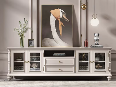 Elegant White TV Cabinet With Glass Doors Swan Painting And Decorative Items 3d model