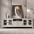 Elegant White TV Cabinet With Glass Doors Swan Painting And Decorative Items