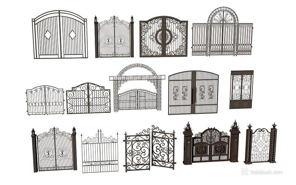 Various Wrought Iron Entrance Gates With Ornate Patterns Arch Top And Decorative Details 3d model 
