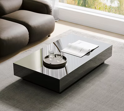 Black Modern Glossy Coffee Table with Tray Two Glasses and Open Book in Living Room 3d model
