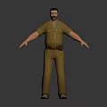 3D Male Character Model In Brown Work Uniform With Belt Standing On Dark Background