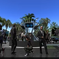 Outdoor VR Event Filming Scene With People Cameras Tripods Large Screen And Palm Trees